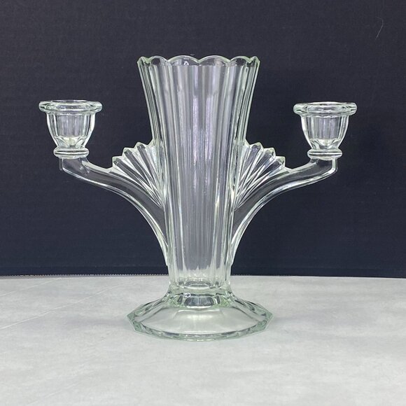 Vintage Jeannette Two Light Candle Holders Art Deco Vase Clear Glass - Picture 3 of 10